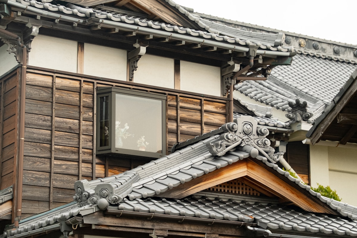 Traditional Japanese wooden house with tiled roof