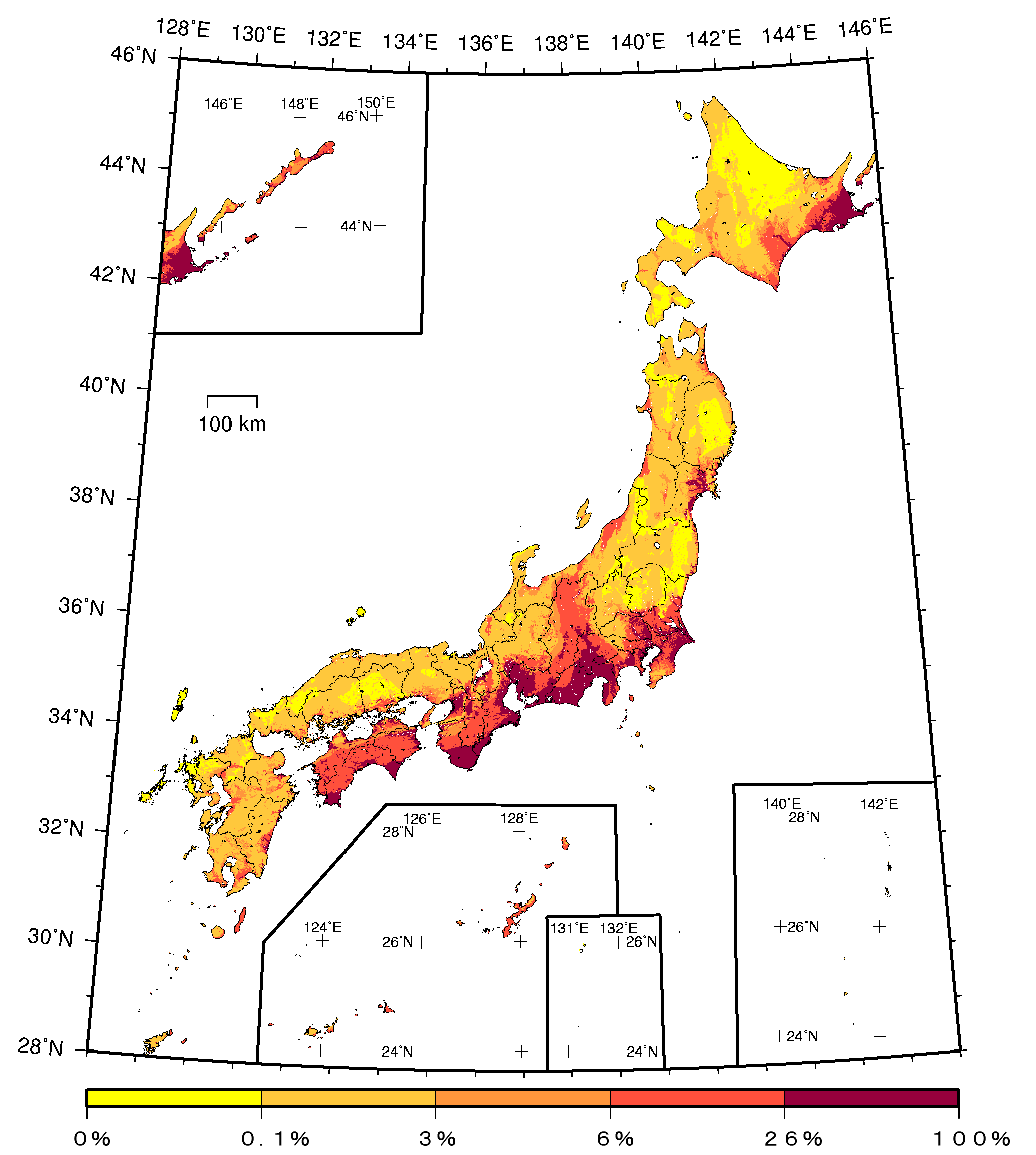 Japan Seismic Hazard Map showing probability of experiencing shindo 6-lower or greater earthquake intensity within the next 30 years, with highest risk areas along the Pacific coast shown in dark red
