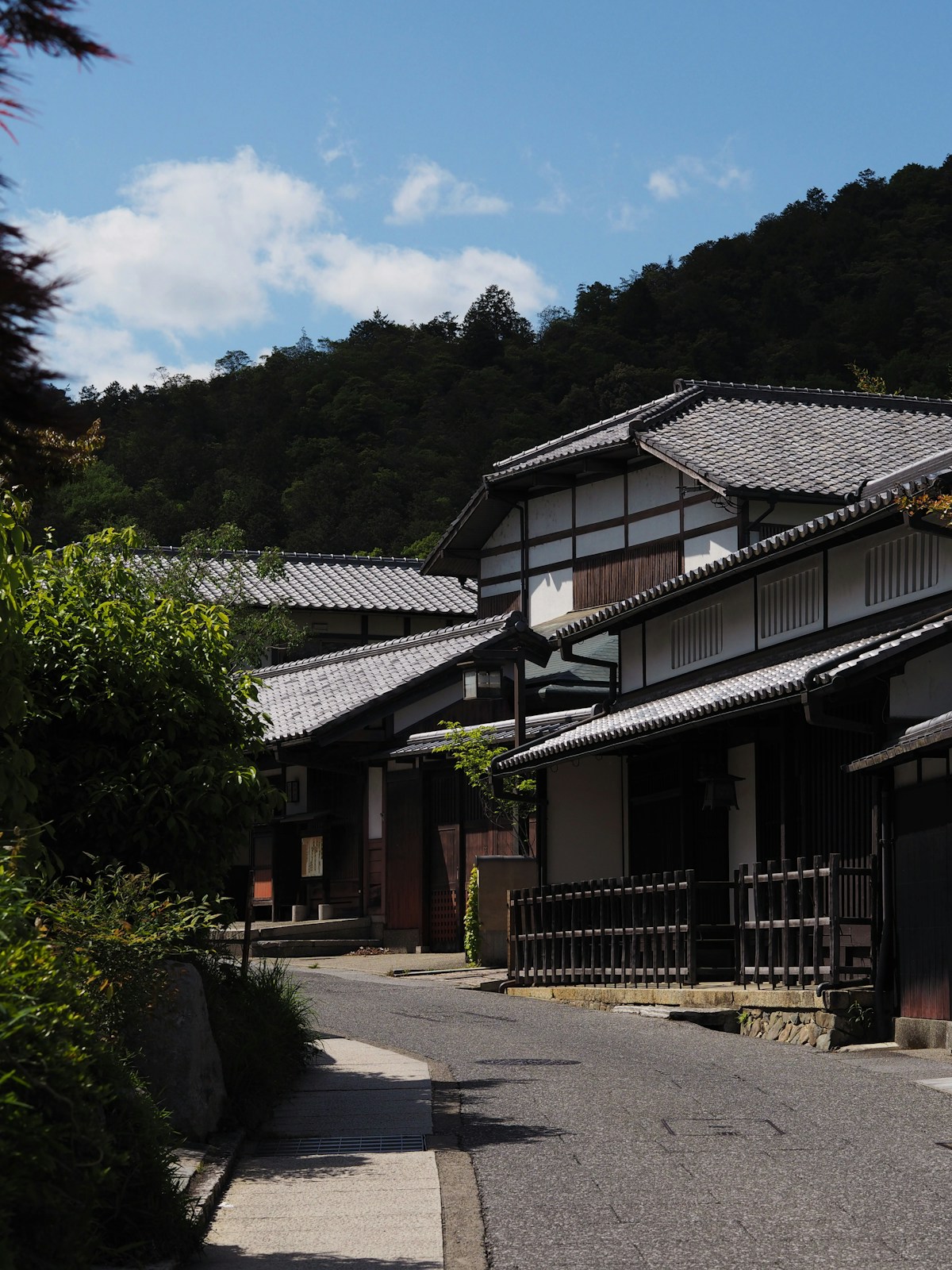 Traditional Japanese houses lining a quiet residential street in Kyoto