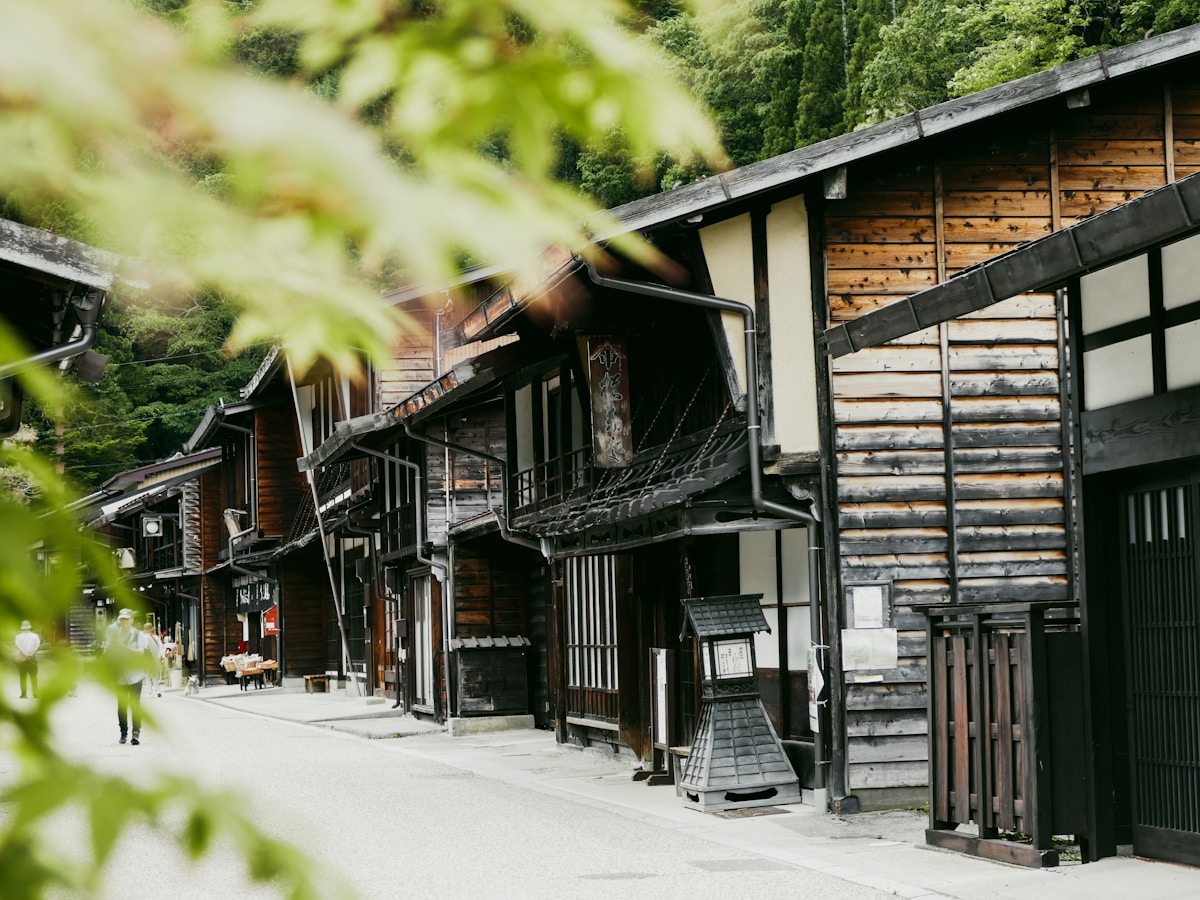 Historic wooden houses along a traditional Japanese post town street in Narai-juku, Nagano