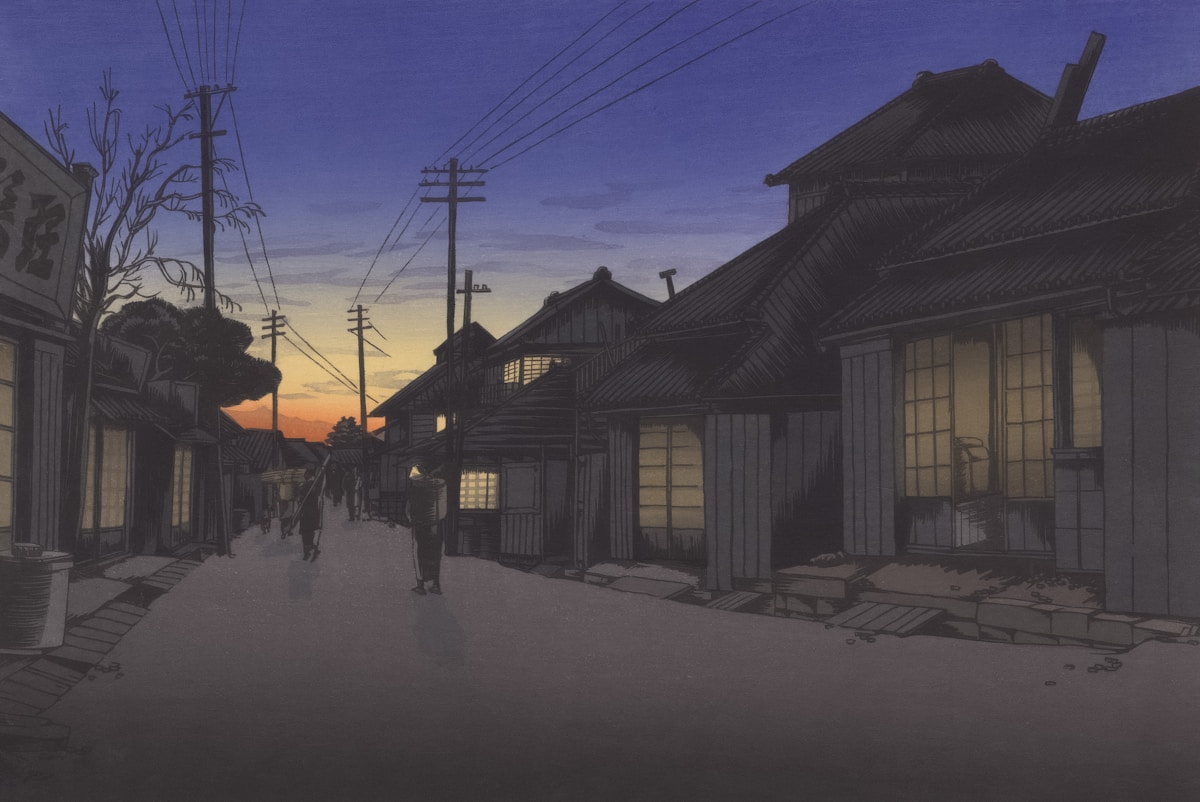 Japanese street scene at dusk with traditional buildings and warm lighting