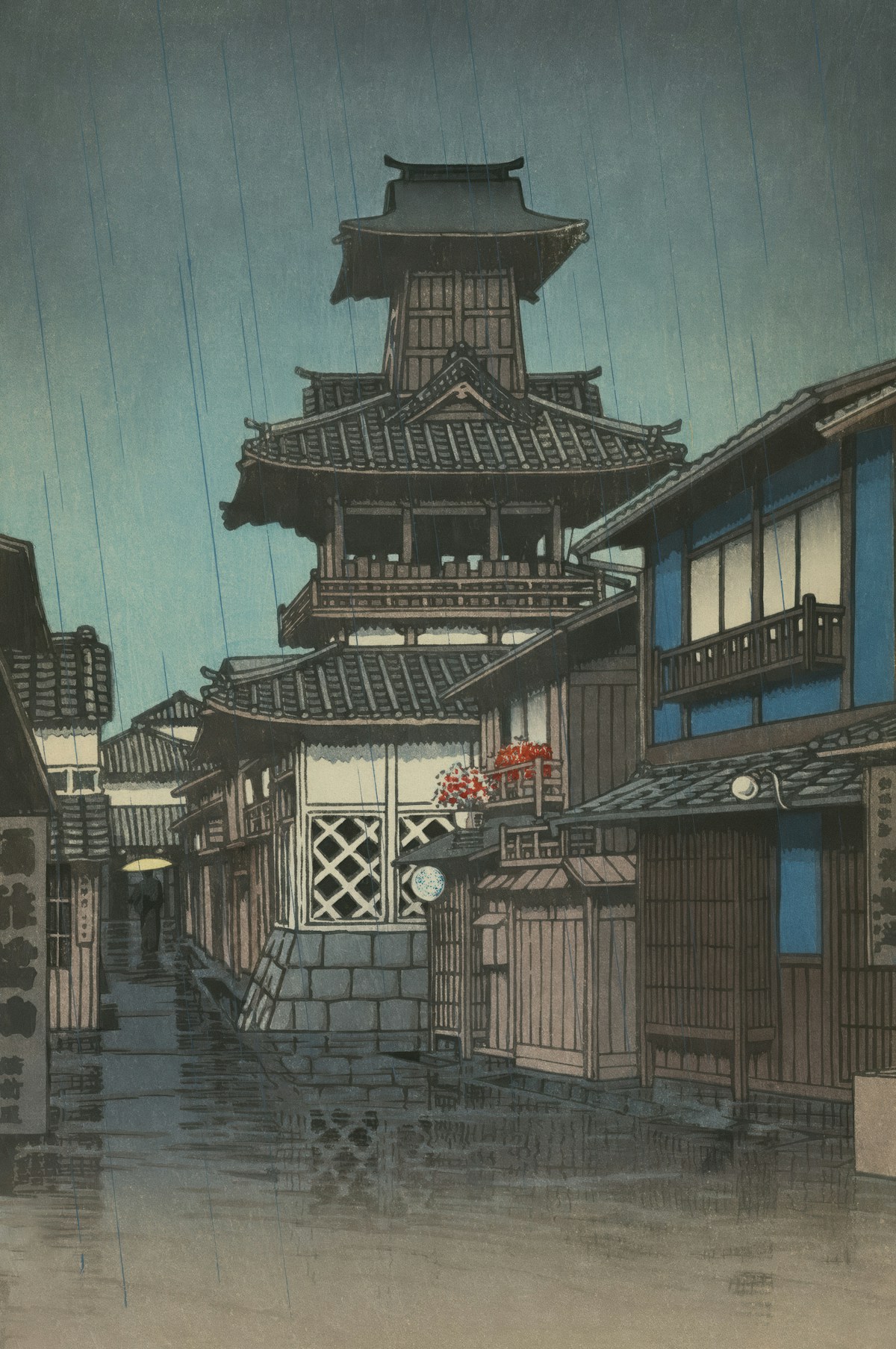 Traditional Japanese buildings on a rainy street with atmospheric lighting
