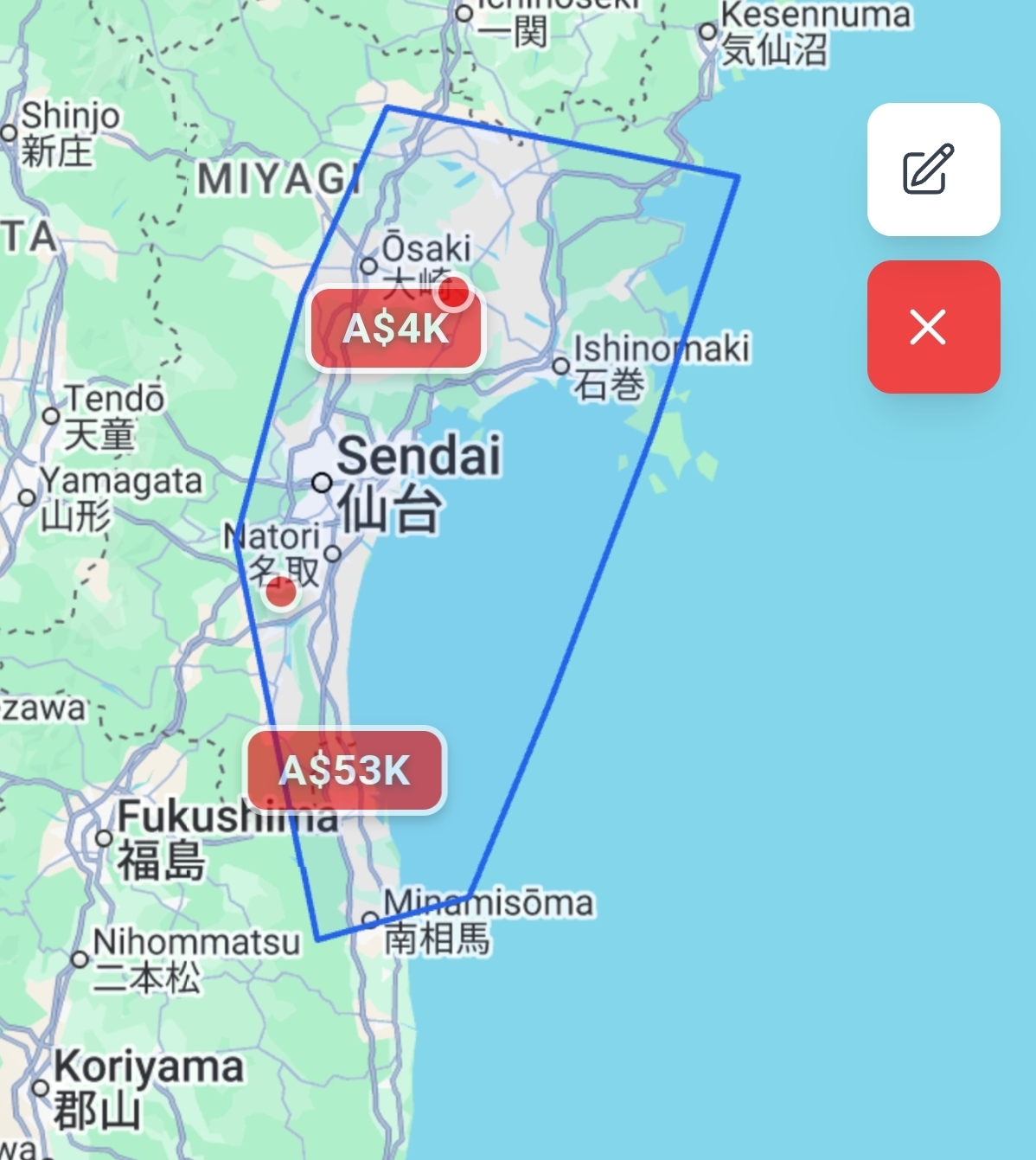 The Draw Tool on the Akiya Japan map: a search area drawn by hand around the Sendai coast, with price pins only inside the outline