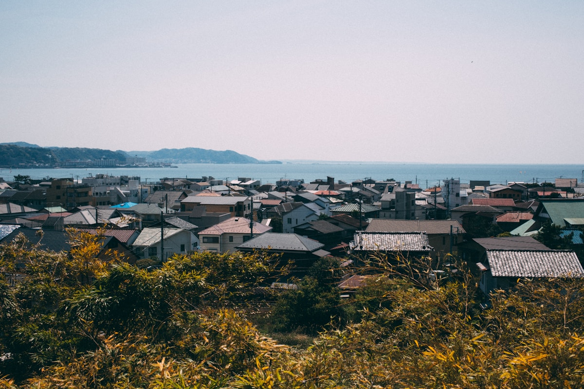 Aerial view of a dense Japanese residential neighborhood