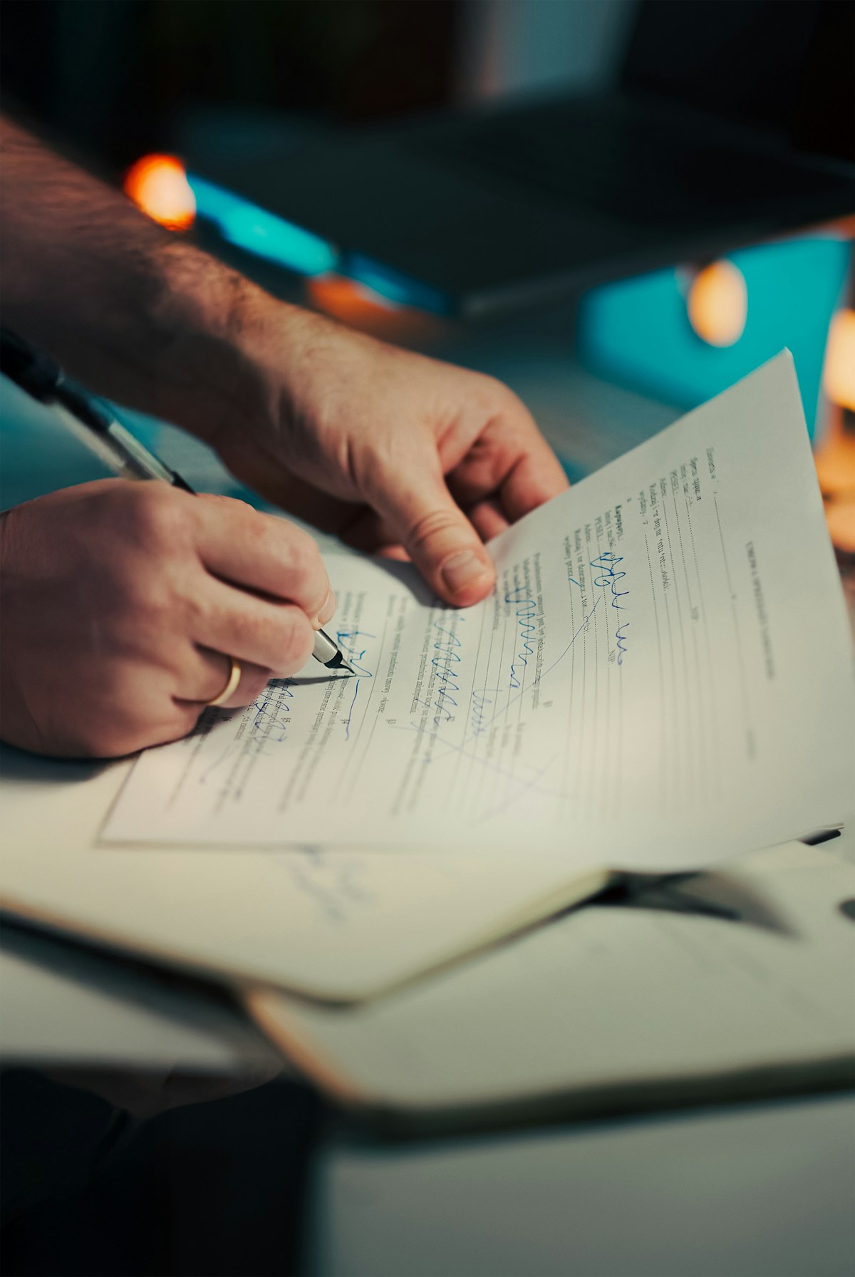 Person signing a legal document with a pen