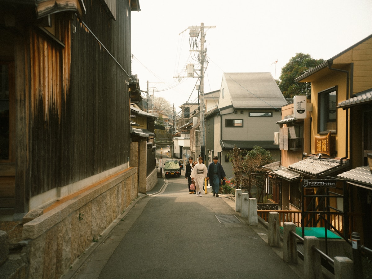 Narrow residential street in a Japanese suburban neighborhood