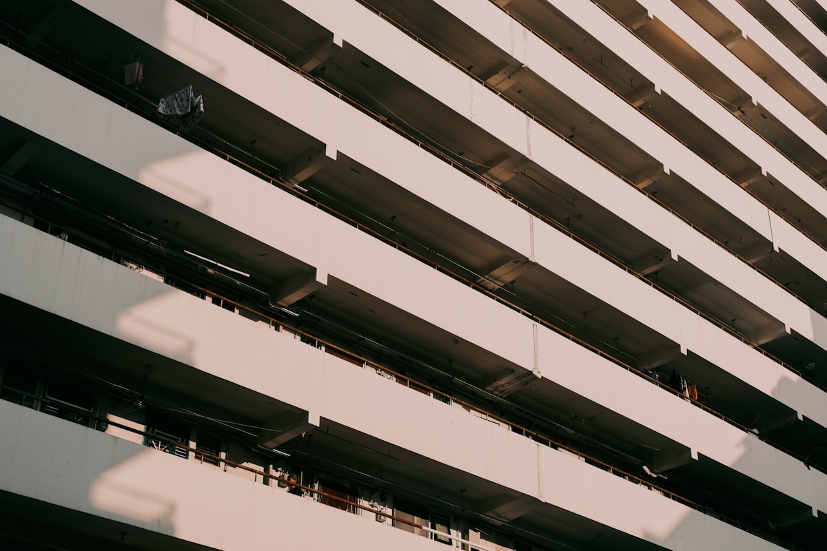 Modern Japanese apartment building with geometric balcony pattern