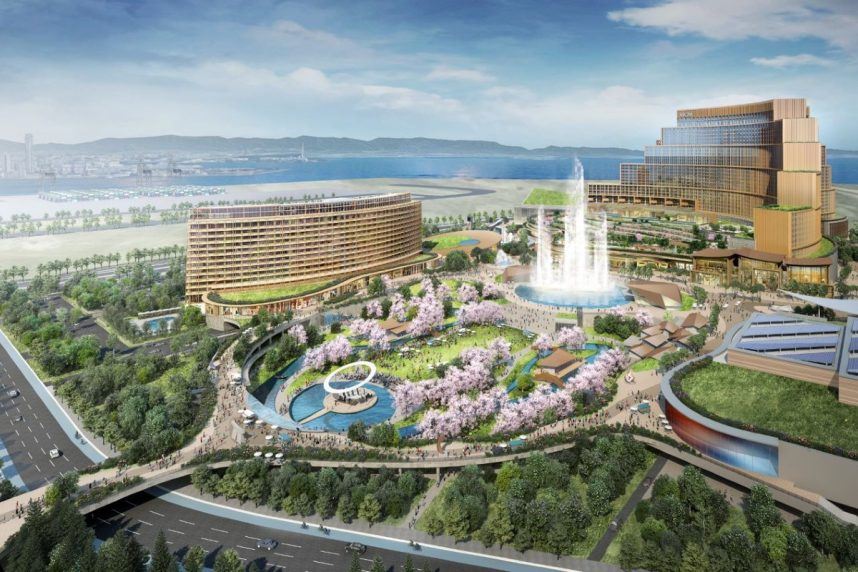 MGM Osaka Integrated Resort aerial rendering — the casino and hotel complex on Yumeshima island, opening autumn 2030