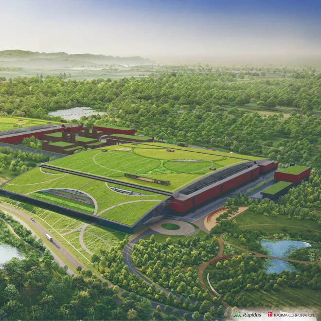 Rapidus IIM-1 facility aerial rendering — the 2nm semiconductor fab under construction in Chitose, Hokkaido