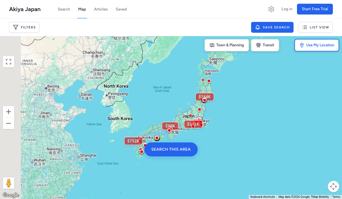 Akiya Japan map view with property listings and layer controls