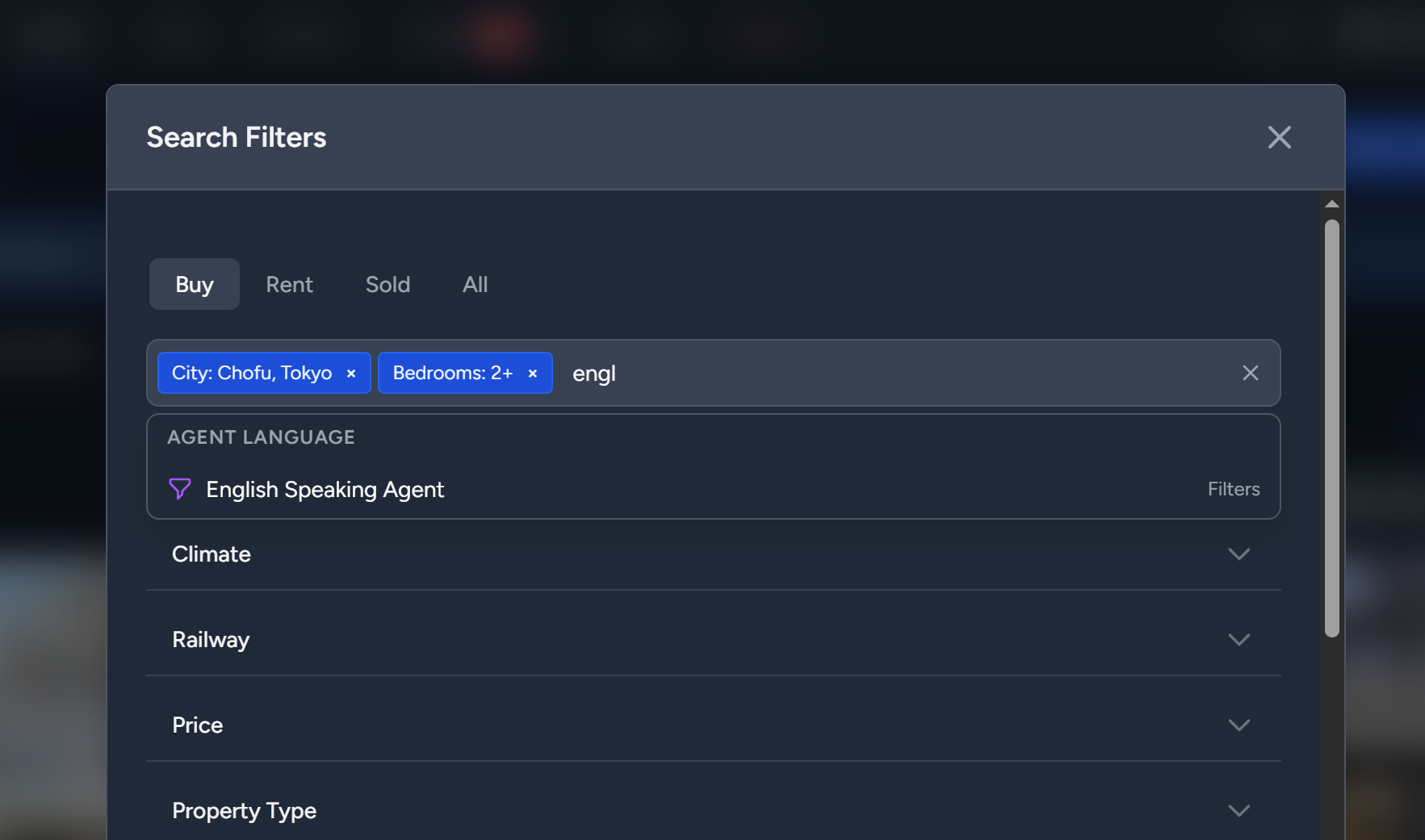 Search filter panel showing the omnibox with active filter tags and live filter search