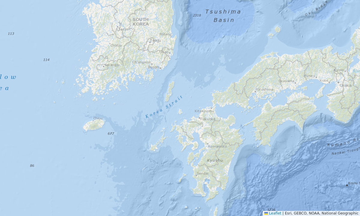 Bathymetric map of the Korea Strait showing Tsushima Island and the depth of the strait between South Korea and Kyushu, Japan