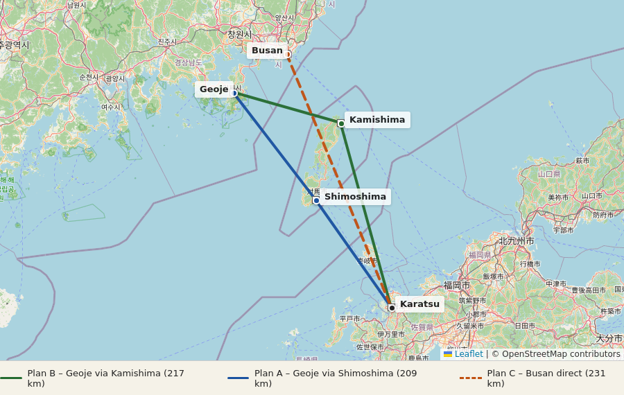 Map showing the three proposed Japan-Korea tunnel routes across the Korea Strait