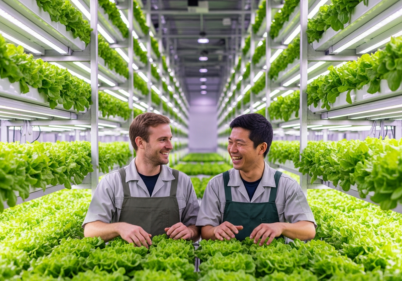 A Western man and his Japanese coworker sharing a laugh while inspecting lettuce in a large indoor vertical farming facility