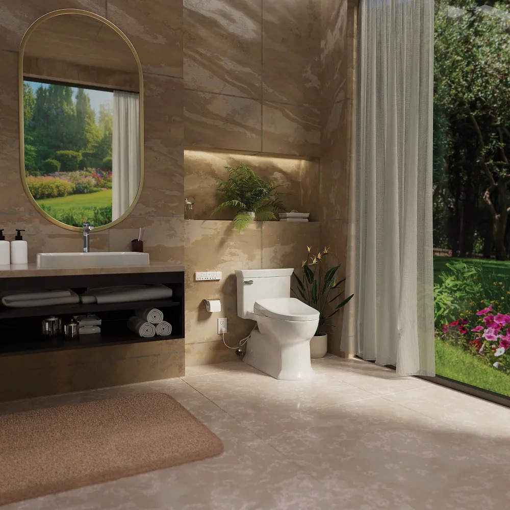 A TOTO Washlet bidet toilet in a contemporary Japanese bathroom -- the heated-seat, tankless unit that headlines almost every Japanese property listing. Photo: TOTO