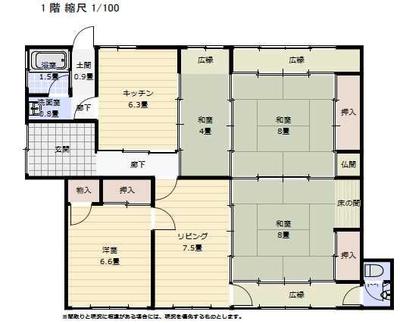 Meiji-era 5DK House with Field and Parking in Mitsue Village — Floorplan, Mitsue, Nara
